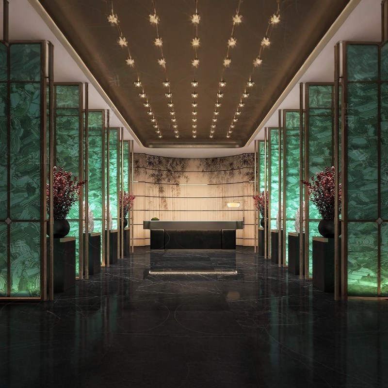 不锈钢屏风新中式酒店大堂售楼部走廊H酒楼别墅不锈钢弧形玻璃屏