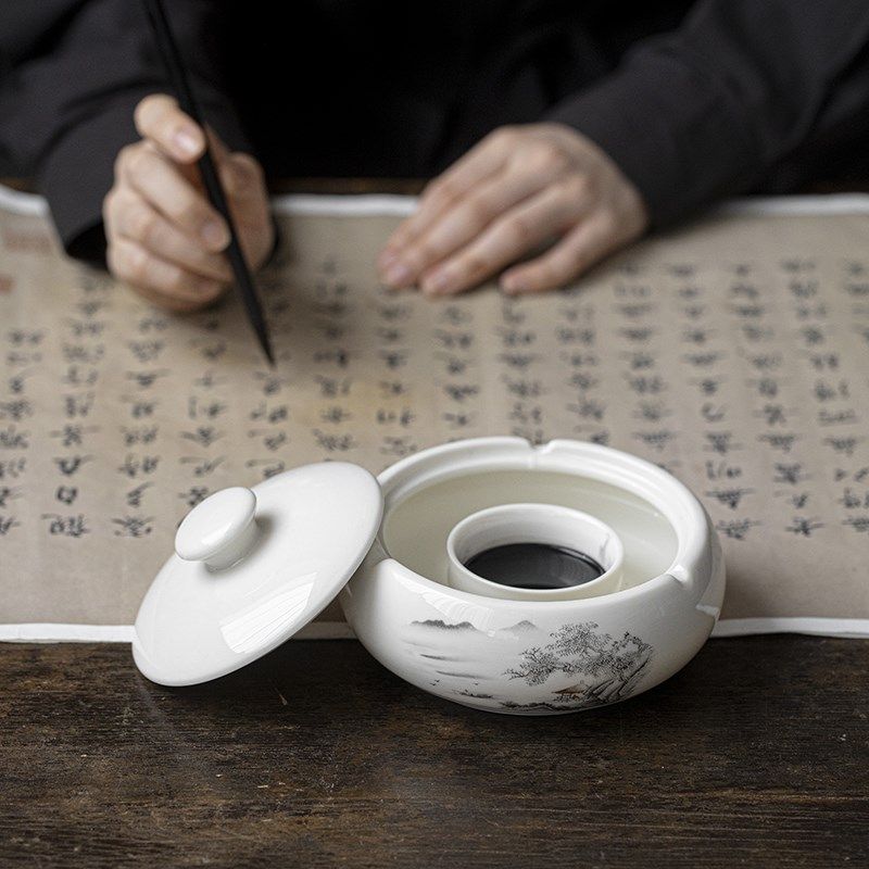 火锅砚台不干墨池初o学毛笔书法专用墨水保湿笔洗带盖墨盒墨台墨