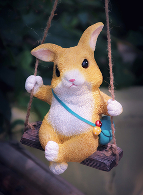 创意动物可爱卡通小兔子秋千摆件庭院户外花O园阳台吊件树脂装饰