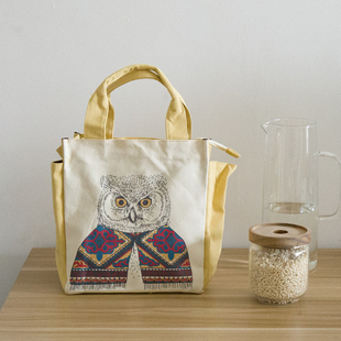 可爱手拎饭盒包帆布手提便当包大容量午餐带P饭包日式拉链妈咪包