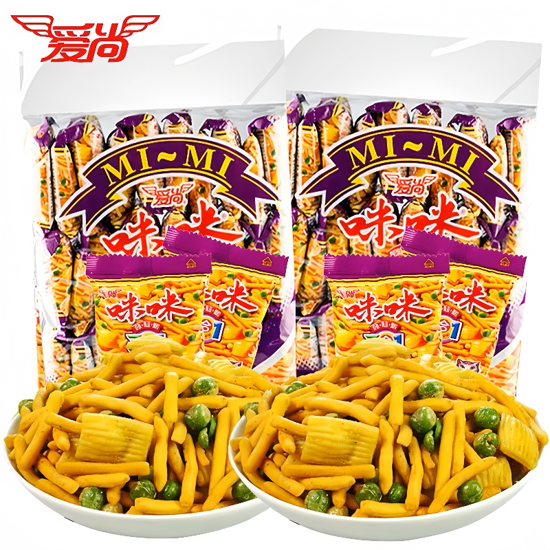 爱尚咪咪虾条三合一蟹味粒网红吃货薯片好吃的怀旧小零食品大礼包