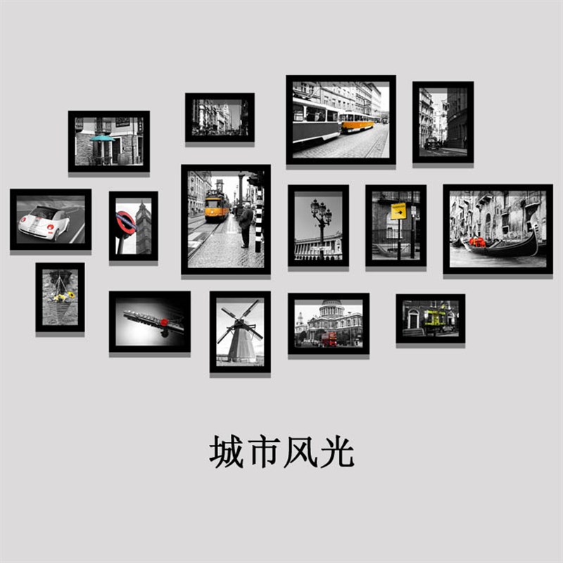 烧烤店装饰创意墙面照片墙画框复古工业风城市建筑相框组合装饰画图片
