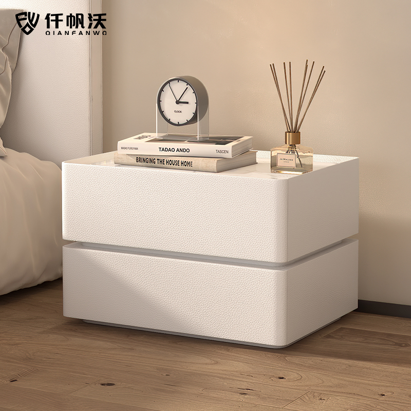 现代实木床头柜皮艺岩板层木柜子落地奶油风卧室床边柜整装