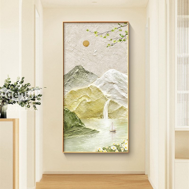 流水生财玄关装饰画走廊过道挂画202新款入户玄幻山水壁画奶油风