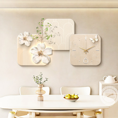 法式奶油风饰画带钟表立体客厅背景墙挂画级感餐边柜壁画