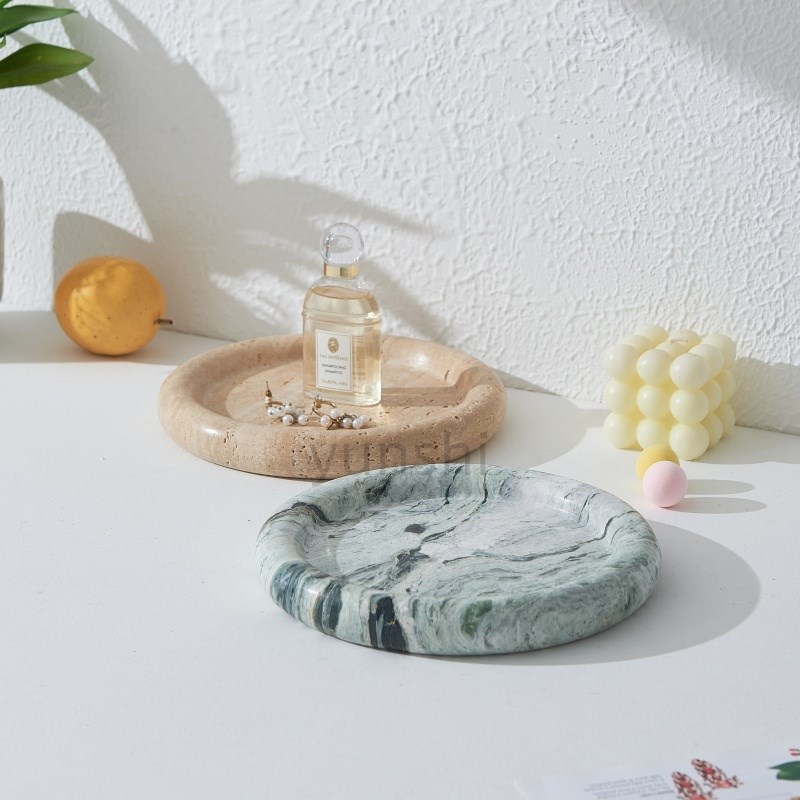 天然大理石圆形托盘梳妆台置物盘酒店香薰托盘样板间装饰软装摆件