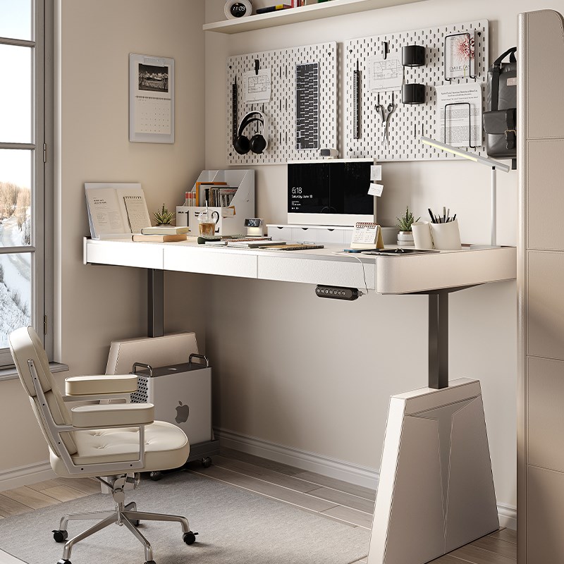 【国内发货】wzo电动升降电脑桌实木马鞍皮书桌岩板奶油风办公桌