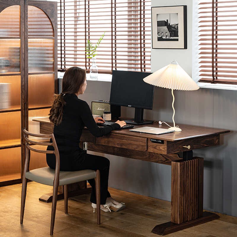 北美电动升降书桌全实木办公桌电脑桌升降工作台学习桌