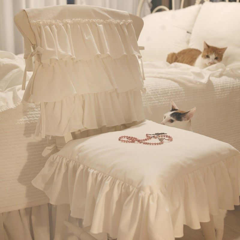 法式椅垫四季通用蛋糕层靠背巾白色in荷叶边坐垫家用餐椅罩