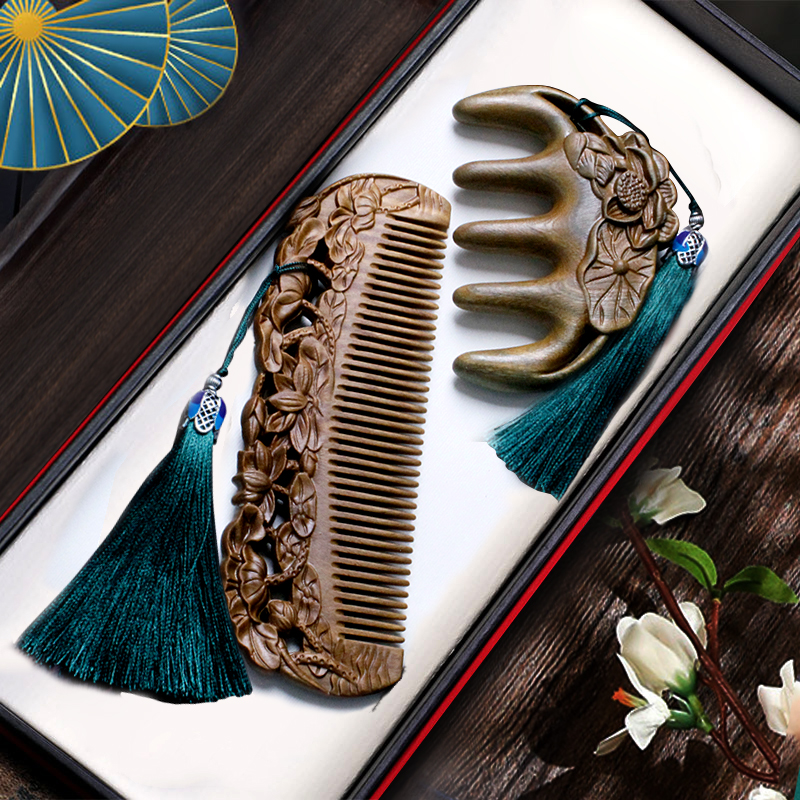 美木兮绿檀木梳按摩梳子女士长发复古风头部经络家用雕花养发