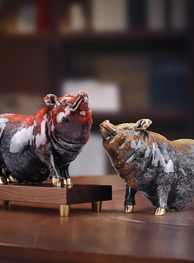黄铜猪摆件生肖猪《金猪报福》中式家居客厅玄关办公室桌面装饰品