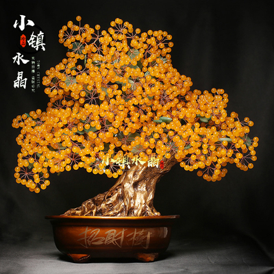 天然黄水晶发财树玄关装饰品摆件家居客厅电视柜开业礼盒招財摇钱