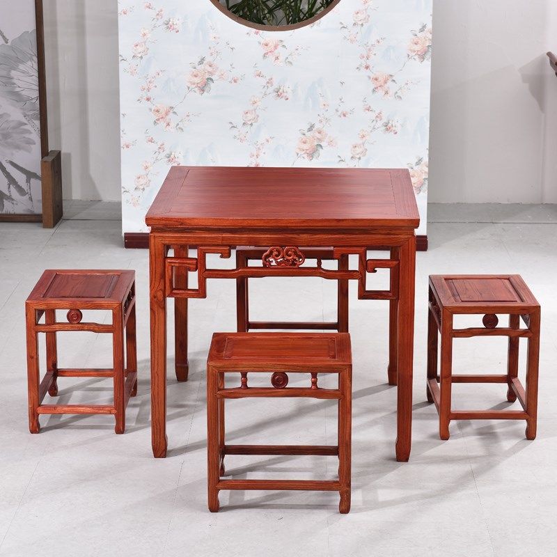 实木八仙桌中式仿古饭店酒楼民宿榆木餐桌椅长凳农村正方形桌