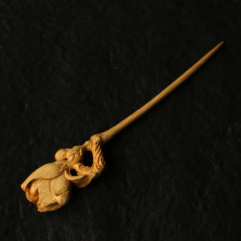 精品纯手工雕刻兰花型老玉竹发簪竹雕竹制茶则一体成型竹把件摆件