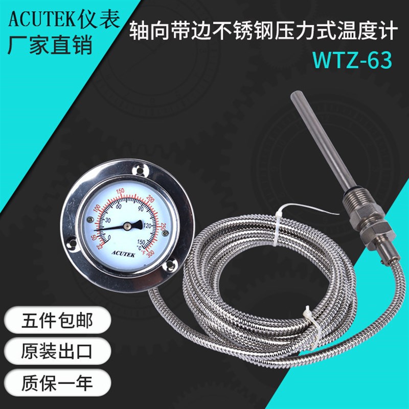 轴向带边 不锈钢压力式温度计 WTZ6z3  150度 3米 1/2 探头10*10