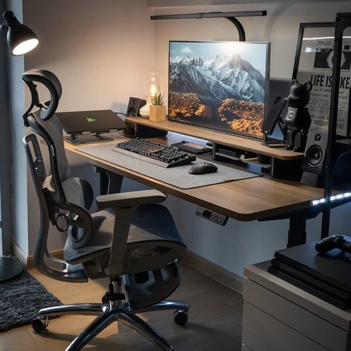 实木电动升降桌家用学习桌桃色站立办公桌工作台智能电脑桌子