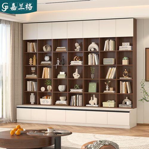 去客厅化卡座书柜一体整墙到顶现代背景墙置物柜书橱柜子定制9F