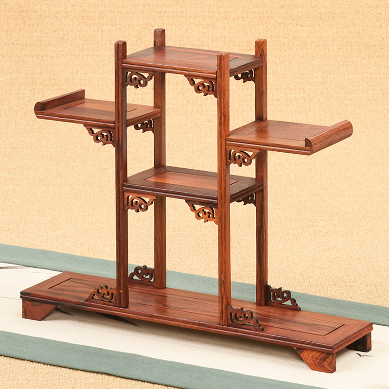 老挝大红酸枝博古架小摆件小型底座多宝阁红实木紫砂茶壶茶具架子