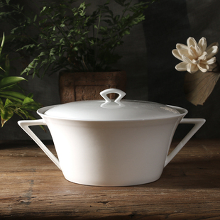 家用陶瓷大汤锅汤盆 宫廷煲品锅带盖带把 欧式 纯白无铅骨瓷餐具
