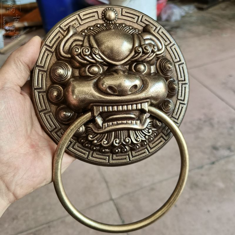 仿古纯铜麒麟兽头门环虎头狮w子头古铜色拉手农村中式庭院大门把