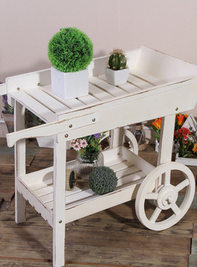 美式乡村花园园艺多肉p花架 做旧手推车花房花车 实木橱窗花架摆