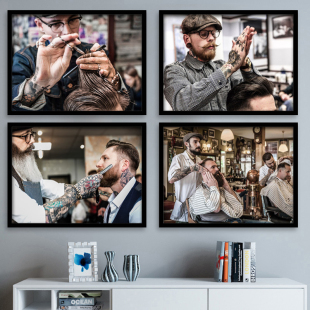 饰画美发店壁画发廊海报挂画框 油头发型理发店装 新款 复古男士