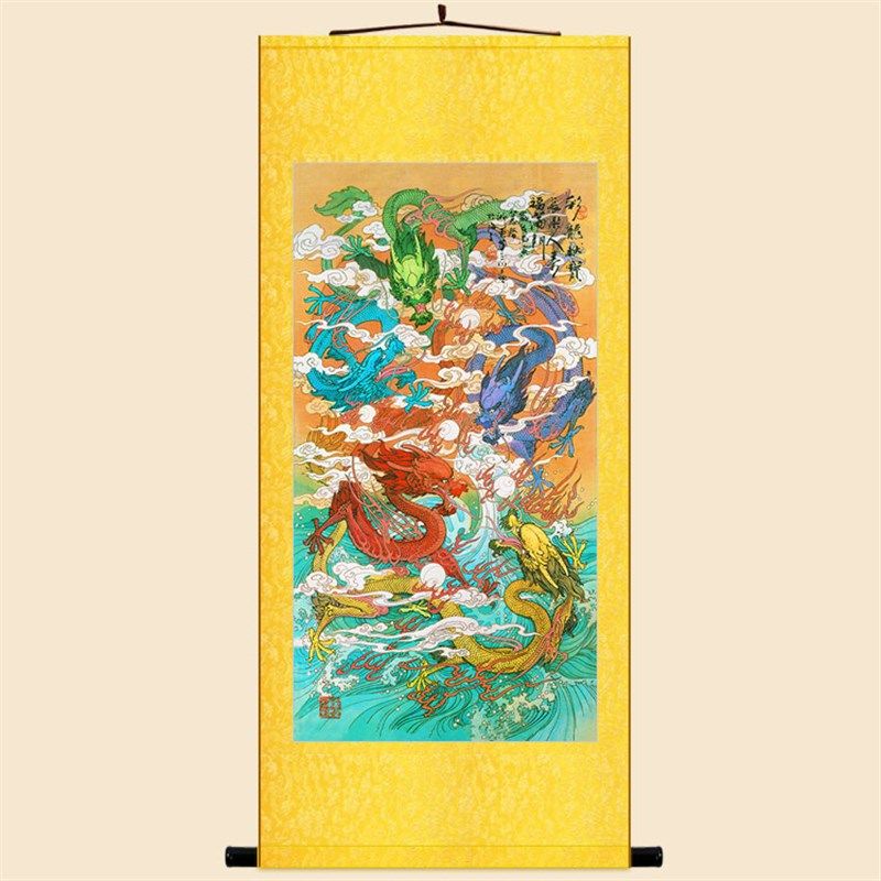 彩龙献宝福满门图 五龙戏珠图 龙年装饰画 复古绢布卷轴挂画,家居饰品,国画,淘宝优惠券,粉丝福利购,淘宝优惠卷