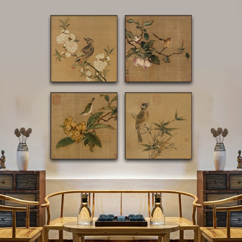 中国风工笔花鸟国画仿古宋画餐厅装饰画卧室背景墙挂画方形小壁画图片