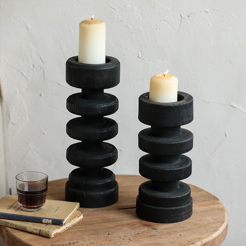 侘寂风复古做旧香薰烛台黑色螺旋实木摆件民宿造景装饰玄关摆设