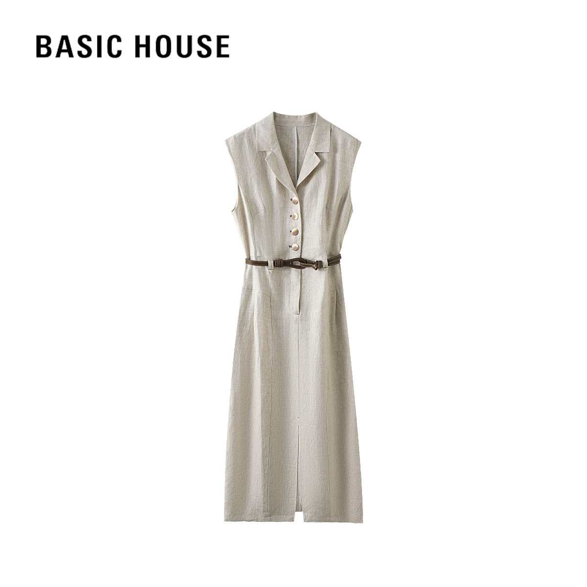 百家好时髦松弛感2026夏季薄款亚麻无袖连衣裙收腰显瘦西装领长裙