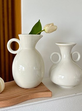 iln Wd法式复古白色耳陶瓷瓶 家居客厅玄关民宿插