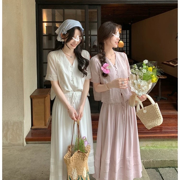 【甜甜粉丝专享】V领花边小衫+半裙女气质夏季套装JR-T20416