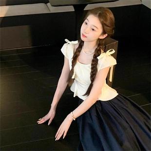 蝴蝶结上衣 两件 修身 套装 松紧腰藏青色半身裙 韩系甜美设计感短款