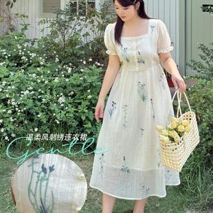 方领刺绣仙女裙长款 k3023大码 新款 女装 连衣裙胖妹妹裙子 2025夏季