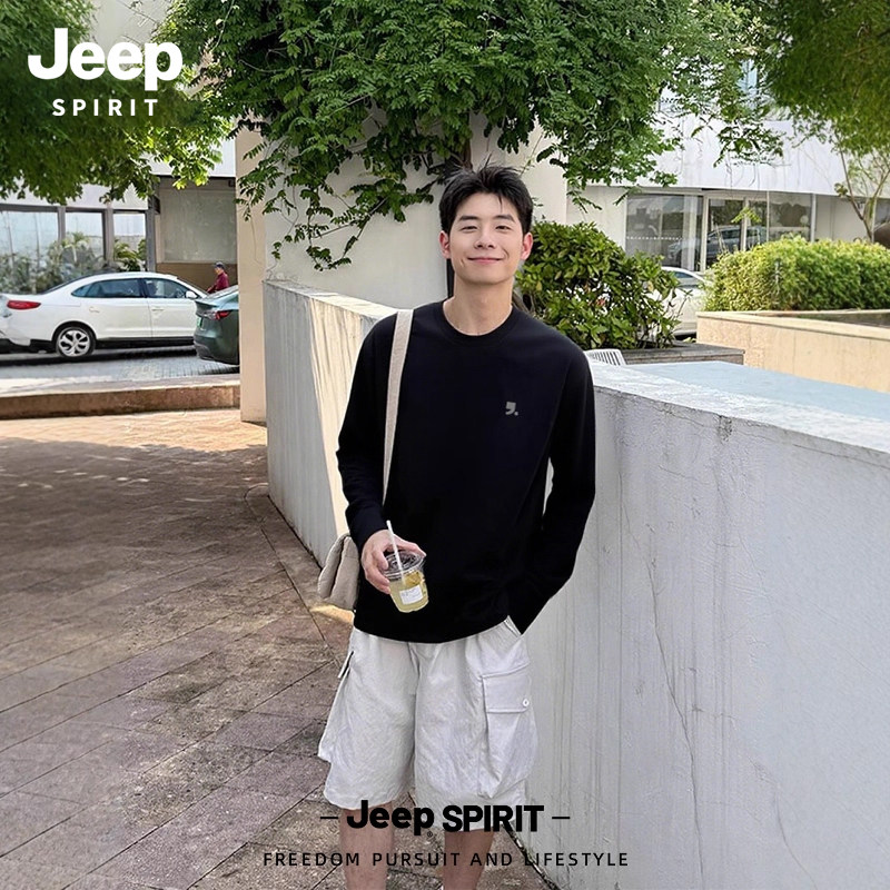 Jeep吉普长袖t恤男士2026春秋季新款宽松圆领打底衫百搭上衣男装