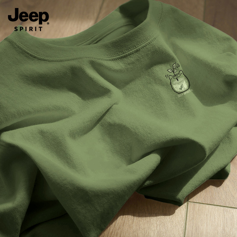 Jeep吉普男士短袖t恤2026新款军绿小清新纯棉宽松大码男装慵懒风