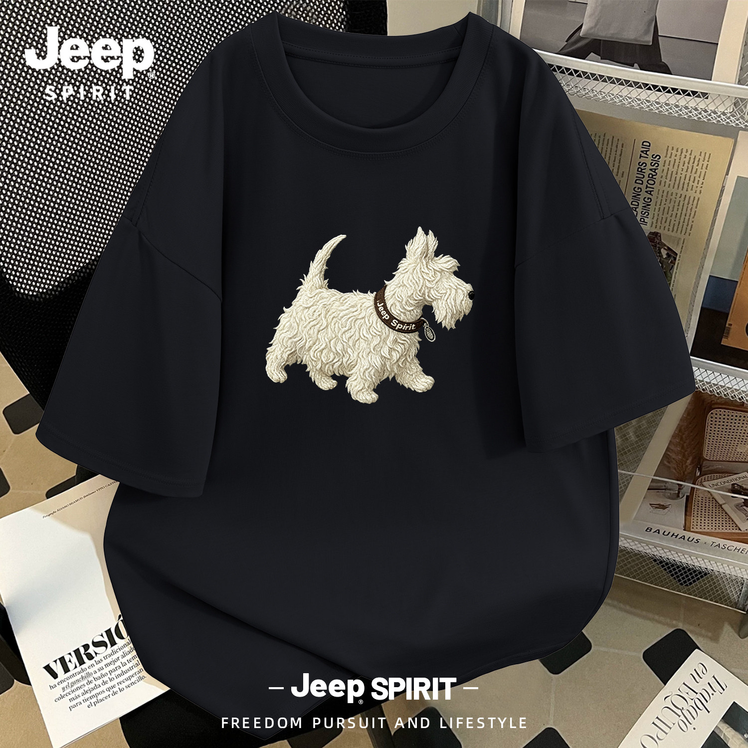 Jeep吉普纯棉短袖男款2026新款夏季五分袖卡通小狗t恤个性上衣服