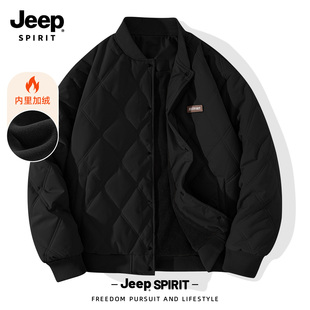 Jeep吉普棒球领棉衣男款冬季新款保暖棉服加厚外套菱形格加绒上衣