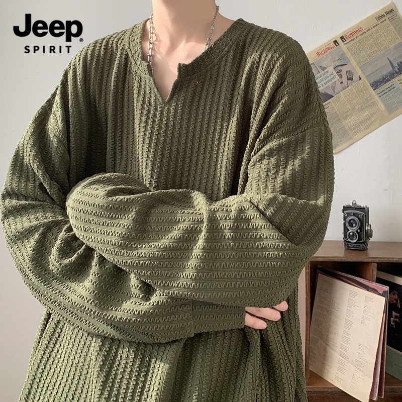 Jeep吉普肌理感V领长袖t恤男款春秋宽松休闲上衣高级内搭打底衫潮