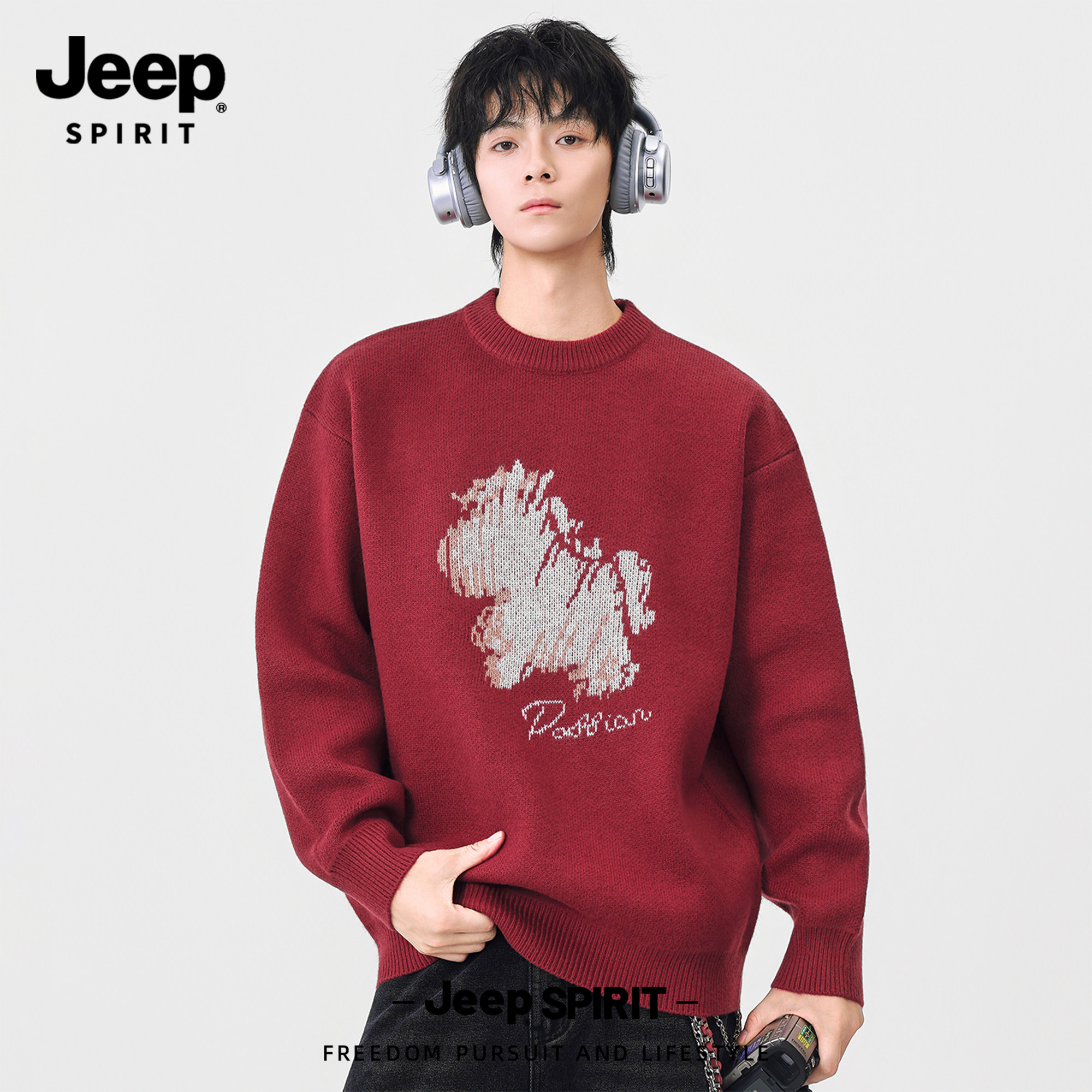 Jeep吉普毛衣男款冬季大码美式潮牌小马印花圆领套头针织衫情侣装,男装,针织衫/毛衣,淘宝优惠券,粉丝福利购,淘宝优惠卷