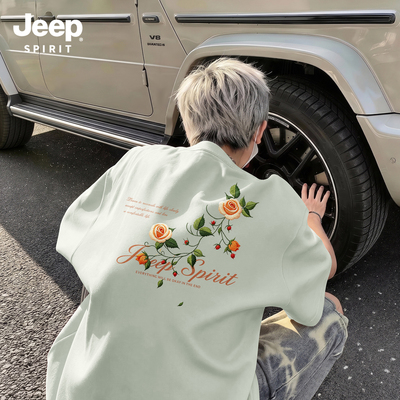 Jeep吉普纯棉短袖t恤男士五分袖