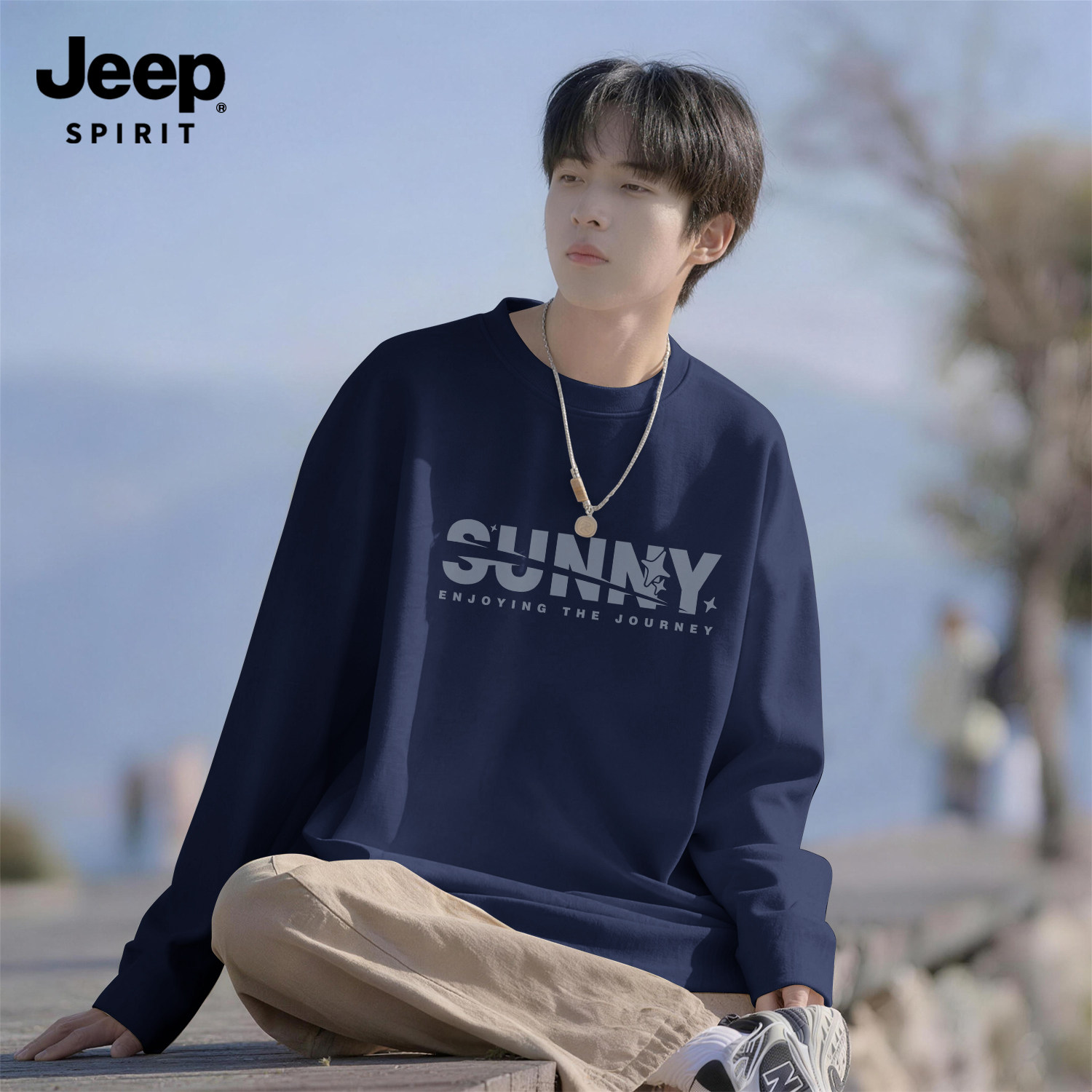 Jeep吉普纯棉圆领长袖男t恤秋季