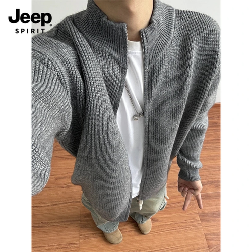 Jeep吉普双拉链立领针织开衫毛衣
