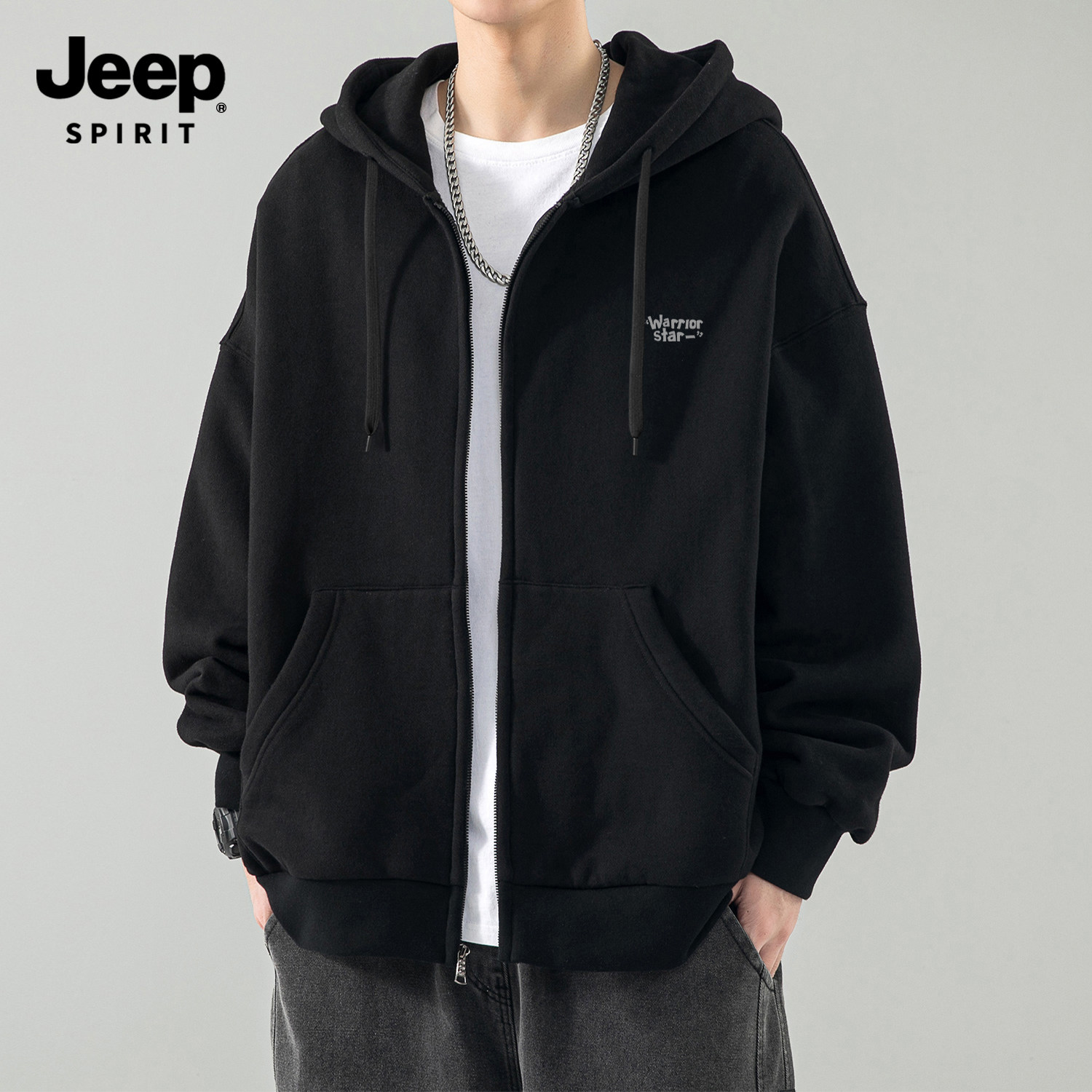 Jeep吉普美式高级感开衫卫衣男装2026春秋新款潮牌拉链连帽外套男