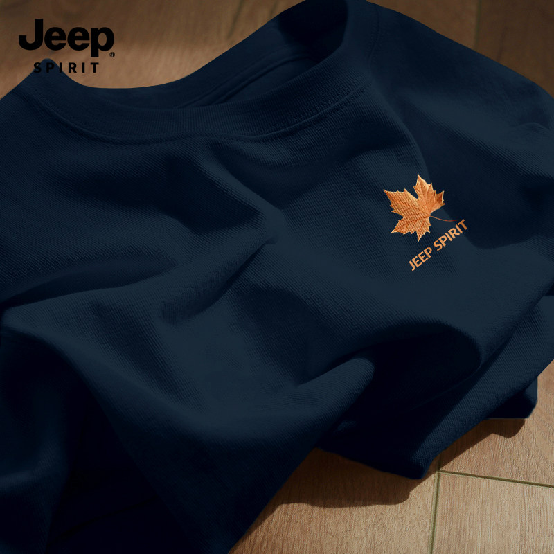 Jeep吉普长袖t恤男款秋冬纯棉厚实宽松圆领枫叶打底衫简约风内搭