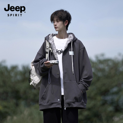 Jeep吉普格子拼接开衫卫衣