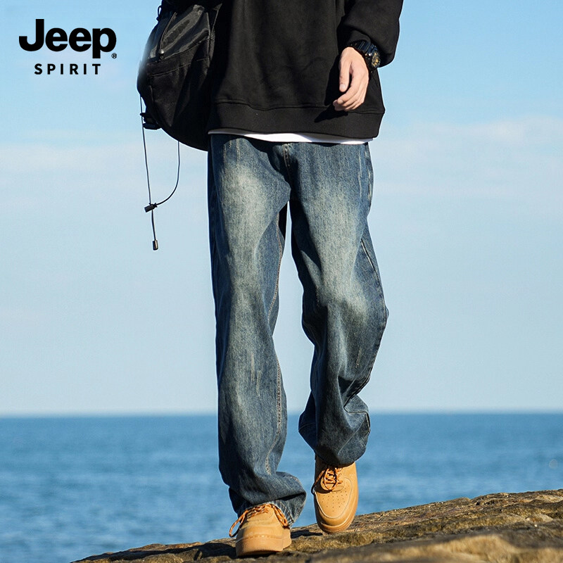 Jeep吉普水洗复古直筒牛仔裤男士2026秋冬季新款休闲阔腿长裤男装