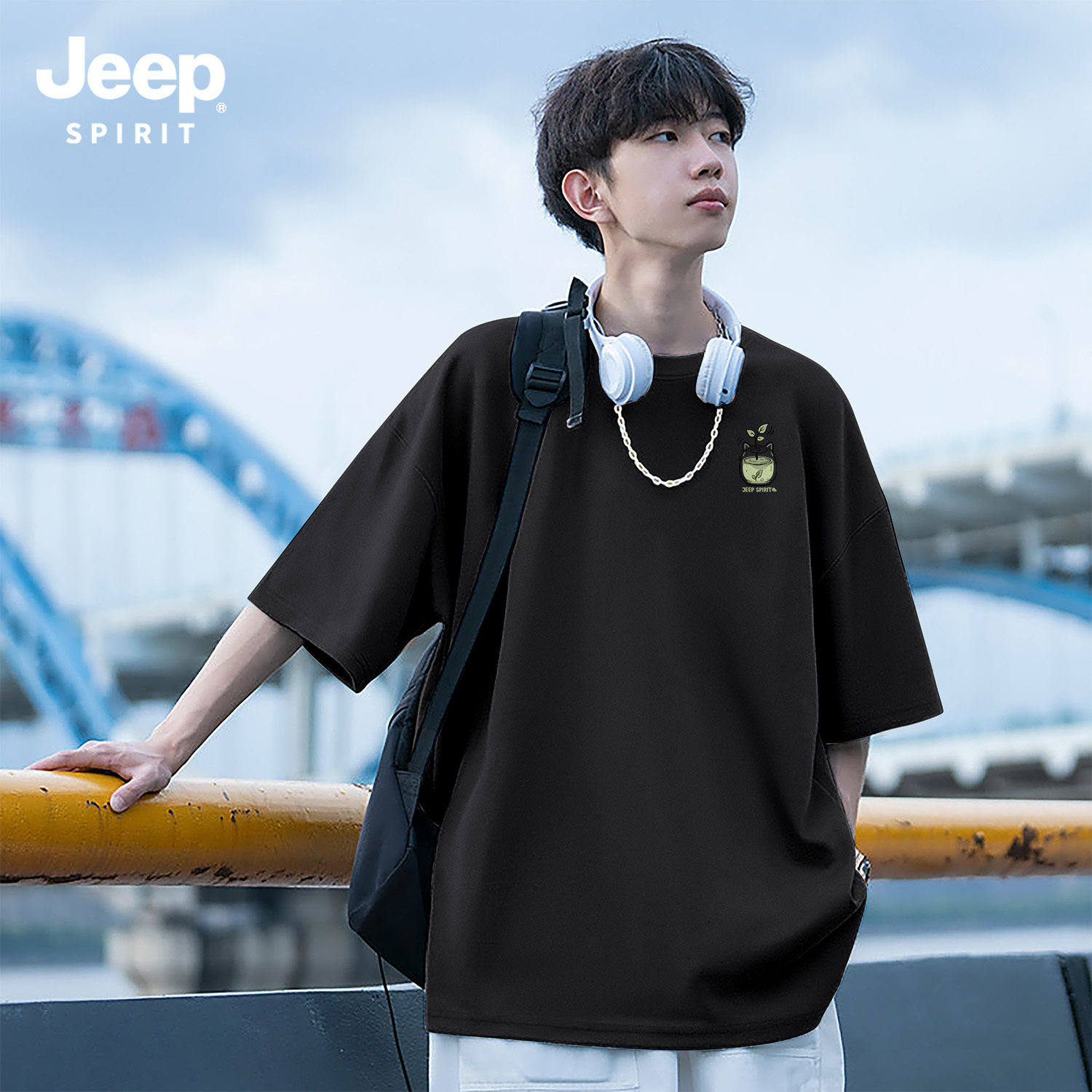 Jeep吉普黑色短袖t恤男款2026新款小清新纯棉宽松大码男装慵懒风