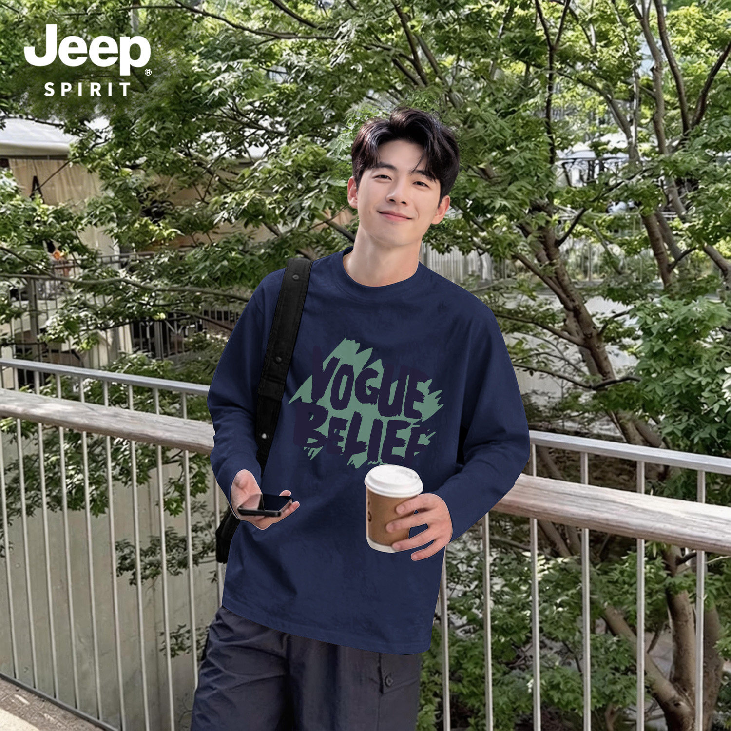 Jeep吉普长袖t恤衣服男纯棉透气