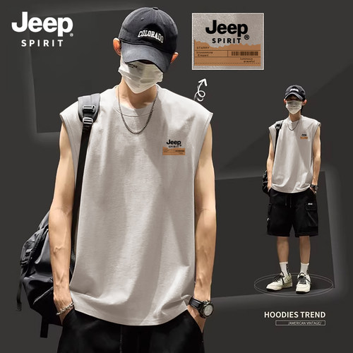 Jeep吉普纯棉背心男无袖健身坎肩